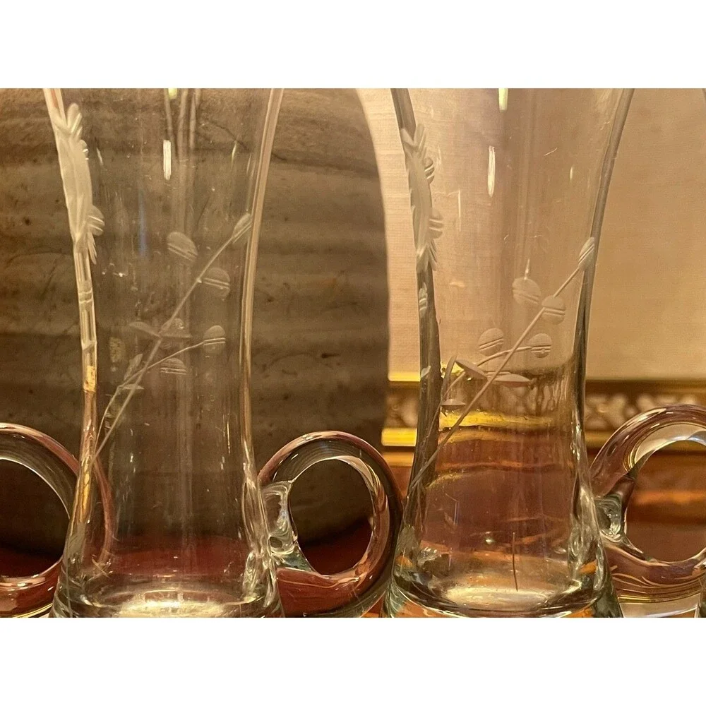 Set of 4 Vtg Mundgeblasen Kristallglas Etched Cordial Shot Glasses w/ Handles 4.